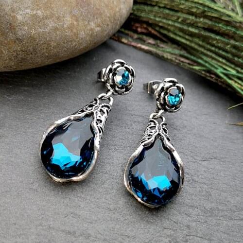 Dainty Rose Flower Dangle Earrings Vintage Female Blue Crystal Drop Earrings Charm Silver Color Bride Wedding Earrings For Women