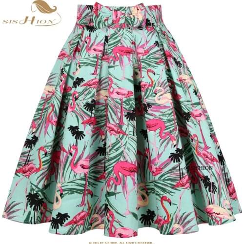 SISHION Flamingo Printed Cotton Green Vintage Skirt SS0012 Korean Bow Retro Punk Rockabilly Pleated Skirts Women ropa mujer