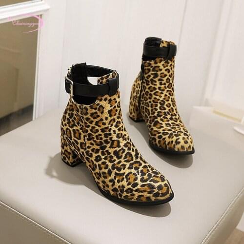 Street style round toe flock ankle boots fashion buckle zipper black leopard medium with thick riding boots womens shoes