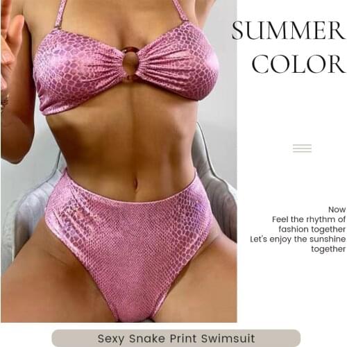 Womens High Waisted Halter 2021 Bikini Ring Sexy Bronzing Snakeskin Print Swimwear Brazilian 2 Piece Swimsuits Biquinis Feminino