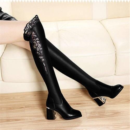 Stretch Leather Boots Women Black Knee High Boots Sexy Lace Block Heel Shoes Woman Winter Shoes Thick Mid Heel Boots Botte Femme