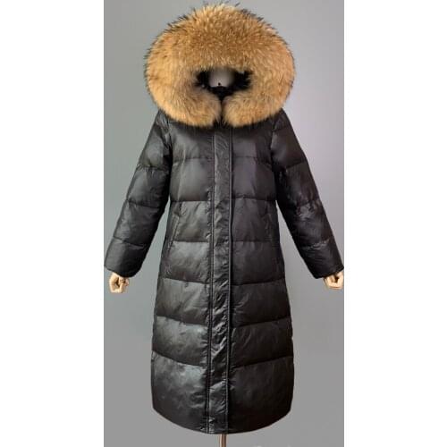 2021 Women Winter 90% Duck Down Coat Big Real Raccoon Fur Hooded Long Puffer Jacket Women Shiny Patent Leather Parkas Waterproof