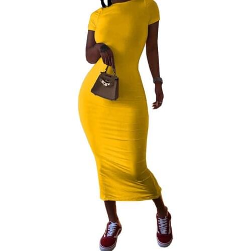 2020 Short Sleeve Tight T Shirt Dress for Women Summer Dress Round Neck Slim Sheath Solid Casual Basic Bodycon Long Dress Robe
