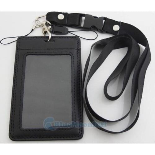 1 set / lot Vertical Genuine leather ID Cards Holder with Straps Lanyard for Retractable Badge for Office Business Worker