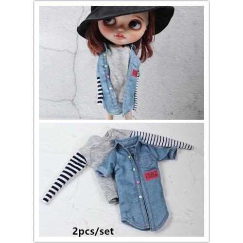 2Pcs/Set 1/6 Doll [Denim+Shirt] blyth Denim Ob24 Long Shirt Doll outfit (Fit blyth,ob24,pullip,azone,licca,ICY,1/6 Doll)