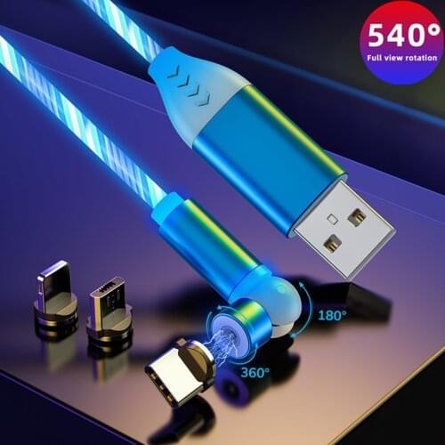 540 Degree Glowing Cable Mobile Phone Magnetic Charging Cables LED light Micro USB C Charger For iPhone Samsung Charge Wire Cord