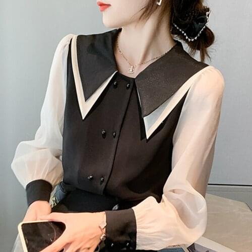 Long Sleeve Blouse Women Blusas Mujer De Moda 2021 Black White Chiffon Blouse Shirt Tops Blusa Womens Tops And Blouses D811