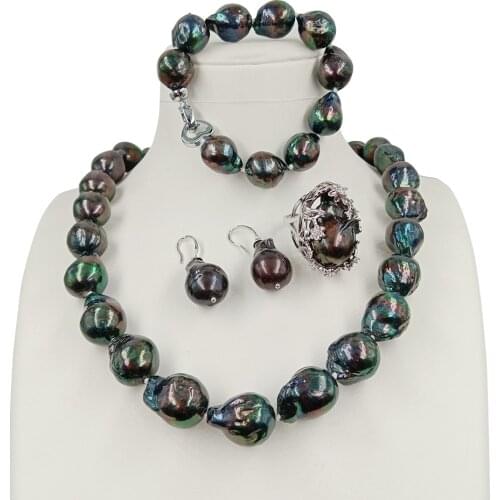 Big good quality black baroque jewelry set ,100% FRESHWATER Baroque PEARL- necklace and BRACELET,ring and earring ,L 20-32 mm