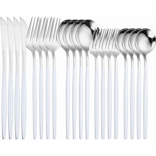 White Silver Stainless Steel Cutlery Set Utensils Kitchen Dinnerware Mirror Tableware Spoon Fork Knife Flatware Set Dropshopping