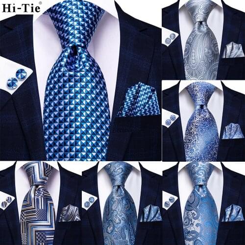 Hi-Tie Light Blue Novelty Striped Silk Wedding Tie For Men Handky Cufflinks Nicktie Set Fashion Design Business Party Dropship