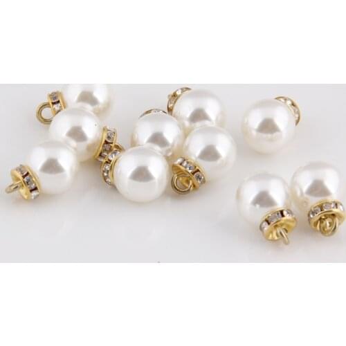 10pcs 10/12/14/16/18mm White Round ABS Imitation Pearls Golden Plated Crystal Rhinestones Inlaid Drop Pendant Jewelry Making DIY