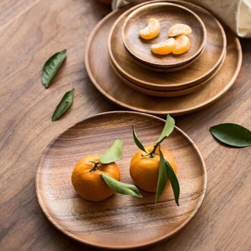 Round Solid Wood plate Fruit salad Dessert christmas plates Acacia Wood Display Dish dinner sets Party round decorative trays