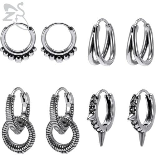 ZS Silver Color Stainless Steel Round Earrings Circle Earrings for Men Ethnic Small Earrings Punk Hoop Earring Accessories