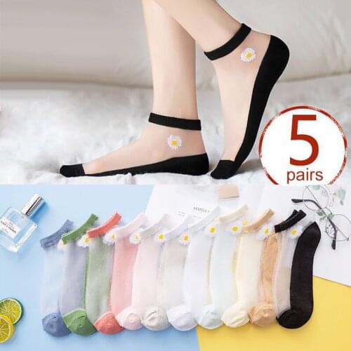 5Pairs/lot New Women Summer Socks Fashion Transparent Casual Thin Short Ankle Sock Lace Silk Crystal Elastic Daisy Flower Socks