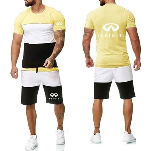 Summer Mens T-shirt Infiniti Car Logo printing Cotton Splicing Crew neck High Quality Cotton Mens short sleeve + shorts 2-piec