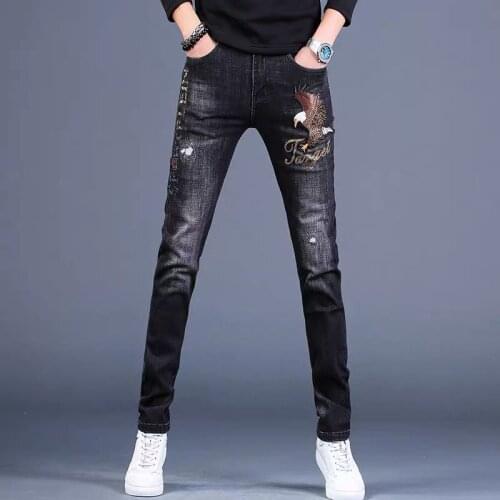 2021 Men’s High Quality Black Jeans,Light Luxury Stretch Denim Pants,Eagle Embroidery Slim-fit Casual Jeans,Youth Fashion Must