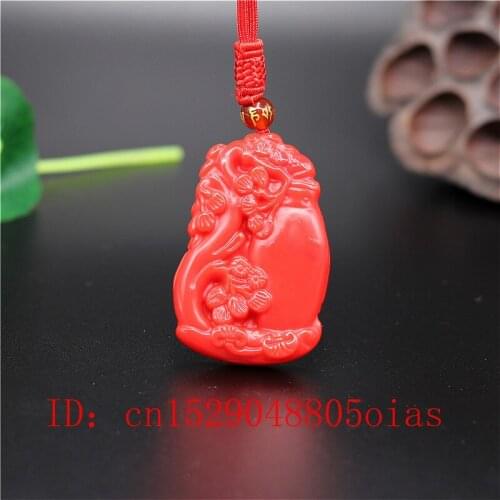 Natural Red Coral Jade Stone Pine Vase Pendant Necklace Chinese Jadeite Jewelry Charm Carved Amulet Fashion Gifts for Women Men