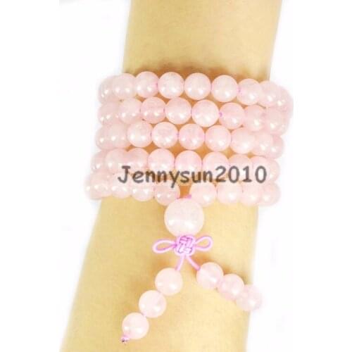Natural Rose Quart-z 8mm Gems Stone Buddhist 108 Beads Prayer Mala Multi-Purpose Stretchy Bracelet Necklace 2 Strands/Pack