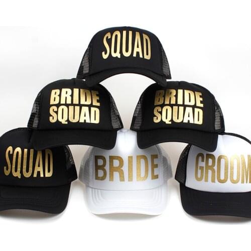 BRIDE SQUAD GROOM Golden Print Bachelorette Mesh Hats Women Wedding Preparewear Trucker Caps White Neon Baseball Cap Snapback