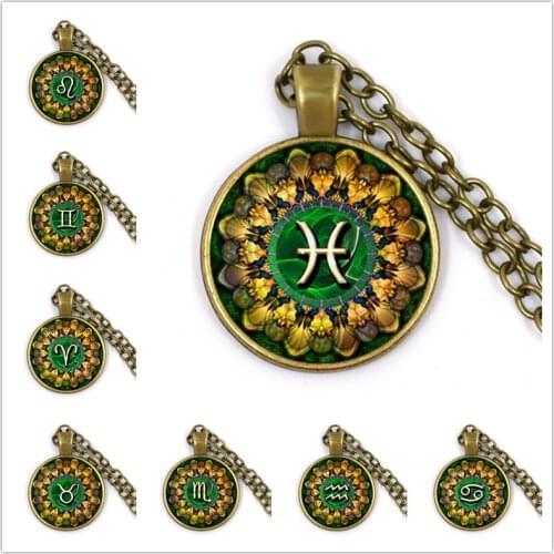 2021 New 12 Constellation Mandala Necklace Zodiac Signs Cabochon Glass Dome Pendant Necklaces Birthday Gifts for Women Men
