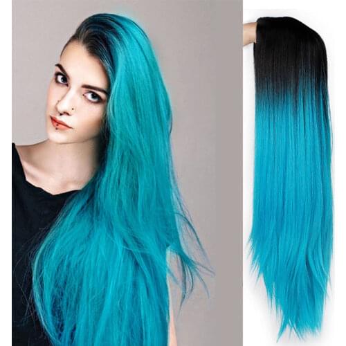 Ombre Blue Green Straight Long Synthetic Wigs for Women Black Pink Wigs can be Cosplay Wigs Heat Resistant Is a wig