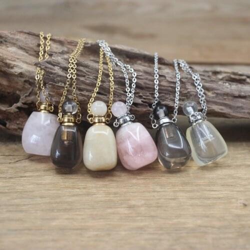 Natural Smoky Quartzs Essential Oil Vial Pendant Necklaces Healing Crystal Jades Citrines Perfume Bottle Charms Chains QC1099