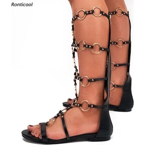 Ronticool Handmade Women Bohemia Circle Decoration Sandals Flat With Heel Round Toe Elegant Black Party Shoes US Size 5-15