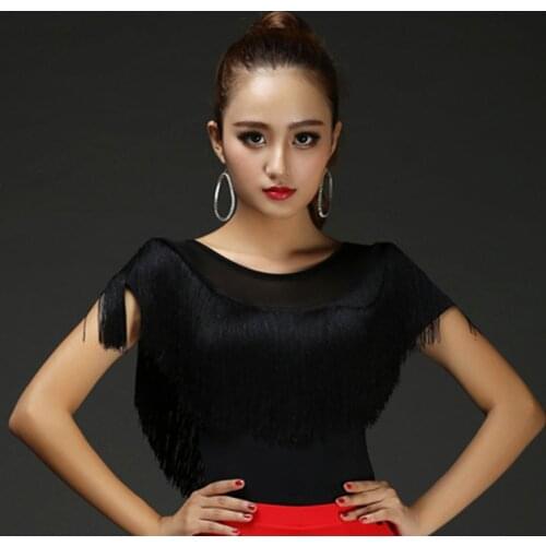 New Adult Latin Dance Tops Female Short Sleeve Lady Dancing Practice Shirt Sexy Women Ballroom Cha Cha Samba Tassel Dancewear
