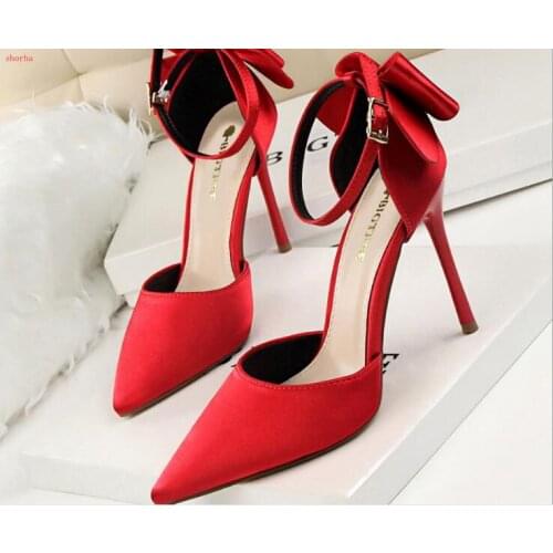 Fashion new sweet ultra high heels female sense shallow mouth low toe shoes pointed female shoes stiletto Bow tie with sandals