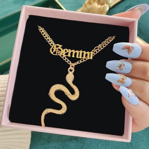 Trendy Gold Gemini Letters Snake Pendant Necklace For Women 2 Layers Constellation Animal Long Chain 2021 New Multilayer Jewelry