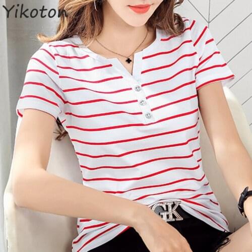 2021 Women T-Shirt Cotton Short Short Sleeve Lady T Shirt Striped Summer Female Basic White Plus Size Clothing Fashion Top Tee
