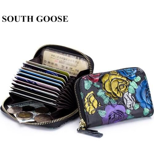 SOUTH GOOSE Retro Womens Card Bag Genuine Leather Credit Card Holder RFID Wallet Rose Embossed Female Organizer Bag Small Purse