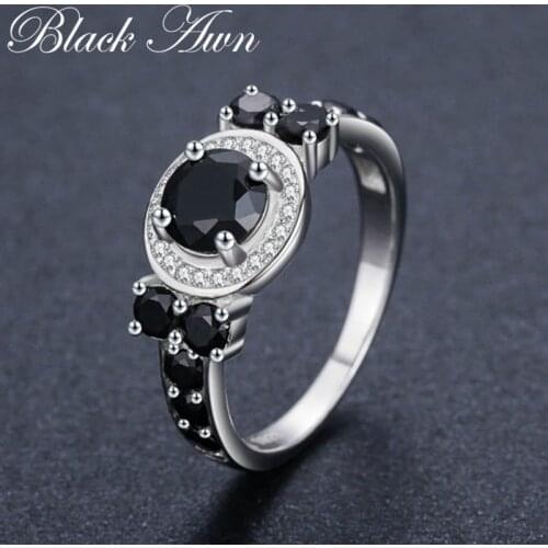 Cute 3.4g 925 Sterling Silver Fine Jewelry Round Bague Black Spinel Wedding Rings for Women Girl Party Gift C470