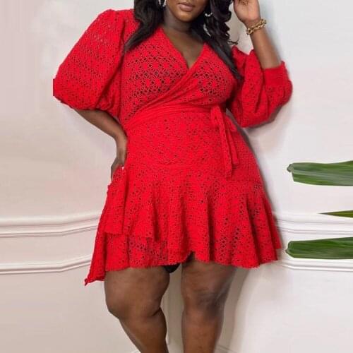 4XL 5XL Oversize Fashion Causal Dress for Women Solid Hollow Out V Neck High Waisted Black Ladies Vestidos Mujer Dress 2021 Hot