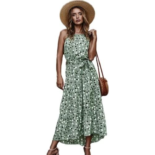 2021 Polka Dot Holiday Dress Women Summer New Fashion Bohemia Style Bandage Belt Halter Slim Loose Long Dressses Female LR1273