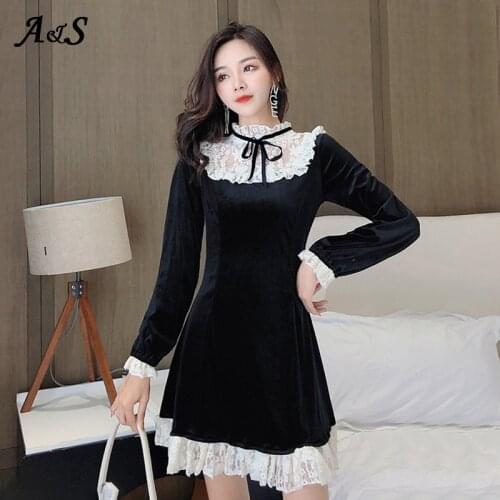 Anbenser Vintage Gothic Dress Women Japanese Style Lace Patchwork Stand Collar Velvet Mini Dresses Female LaceUp Bow Sweet Dress