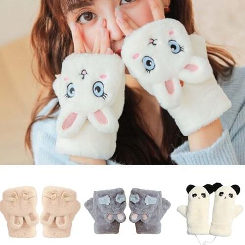 2021 Plush Women Flip Half-finger Gloves Cartoon Cat Warm Mittens Thicken Short Girls Fingerless Gloves Touch Screen Mittens