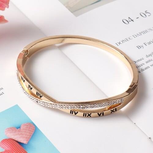Fashion Roman Numerals Bangle Cross Inlaid Rhinestone Cuff Bangle Rose Tone Charm Bracelet Women Jewelry Accessories