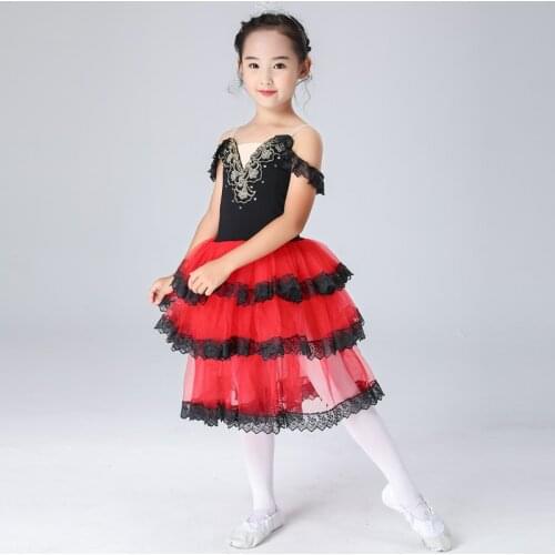 Black Red Tulle Ballet Costume Women Spanish Dress For Adult Girls Child Dancing Long Romantic Ballet Tutu Performance Costumes