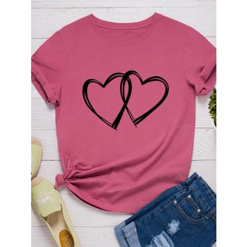 Double Heart Print Women T Shirt Short Sleeve O Neck Loose Women Tshirt Ladies Fashion Tee Shirt Tops Clothes Camisetas Mujer