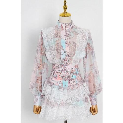 Court the wind in the summer of 2021 with chiffon skirt suit splicing lantern sleeve lace bust skirt + A word