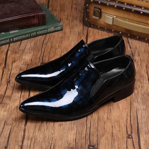Blue/black Mens Patent Leather Bright Leather Shoes Business Dress Shoes Wedding Party Slip-on Shoes