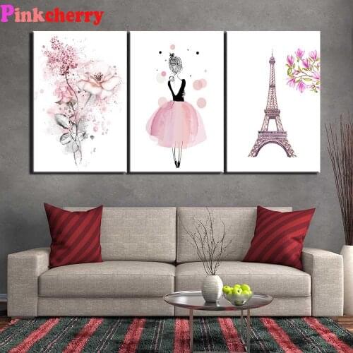 Pink girls 5D Diy Diamond Painting 3 pieces Wall Art Modern Triptych Diamond Embroidery Mosaic Full Square Round Drill