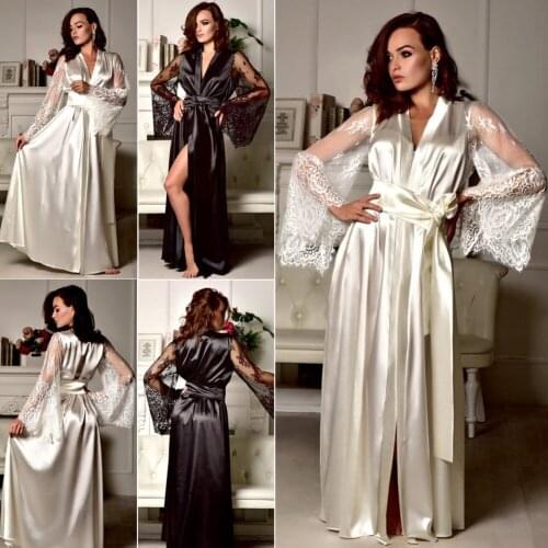 New Sexy V-Neck Lingerie Women Silk Long Robe Dress Transparent Hollow Lace Babydoll Nightdress Nightwear Sleepwear