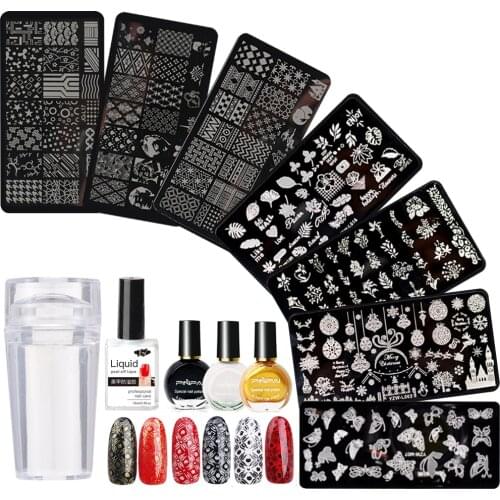 Nail Art Stamping Plates Kit for Nail Manicure with 10ml White/Black/ Gold Nail Polish Oil & Seal Stamp & Anti-overflow Glue Set