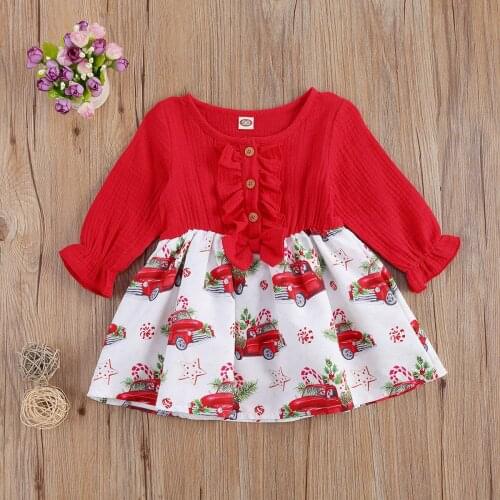 Baby Girl Long Sleeve Dress, Bow Decoration Elastic Cuffs Red Cartoon Car Print Spring Clothing