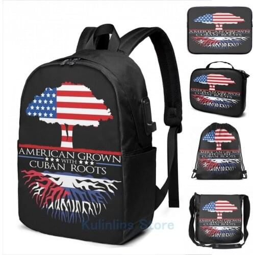 Funny Graphic print American Grown Born with Cuban Roots Tree US Cuba Pride USB Charge Backpack men School Travel laptop bag