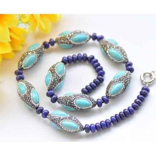 S2425 22" Blue lapis lazuli Turquoise Shuttle Bead CZ Necklace
