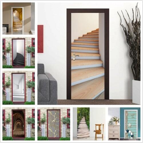 Wood Staircase Door Stickers Wallpaper Self Adhesive Removable Art Decals Renovation of Doors Poster PVC Wall Mural Home Design