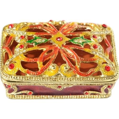Gold filigree square decorative trinket jewelry boxes hand painted with rhinestone jeweled enamel hinged jewelry box
